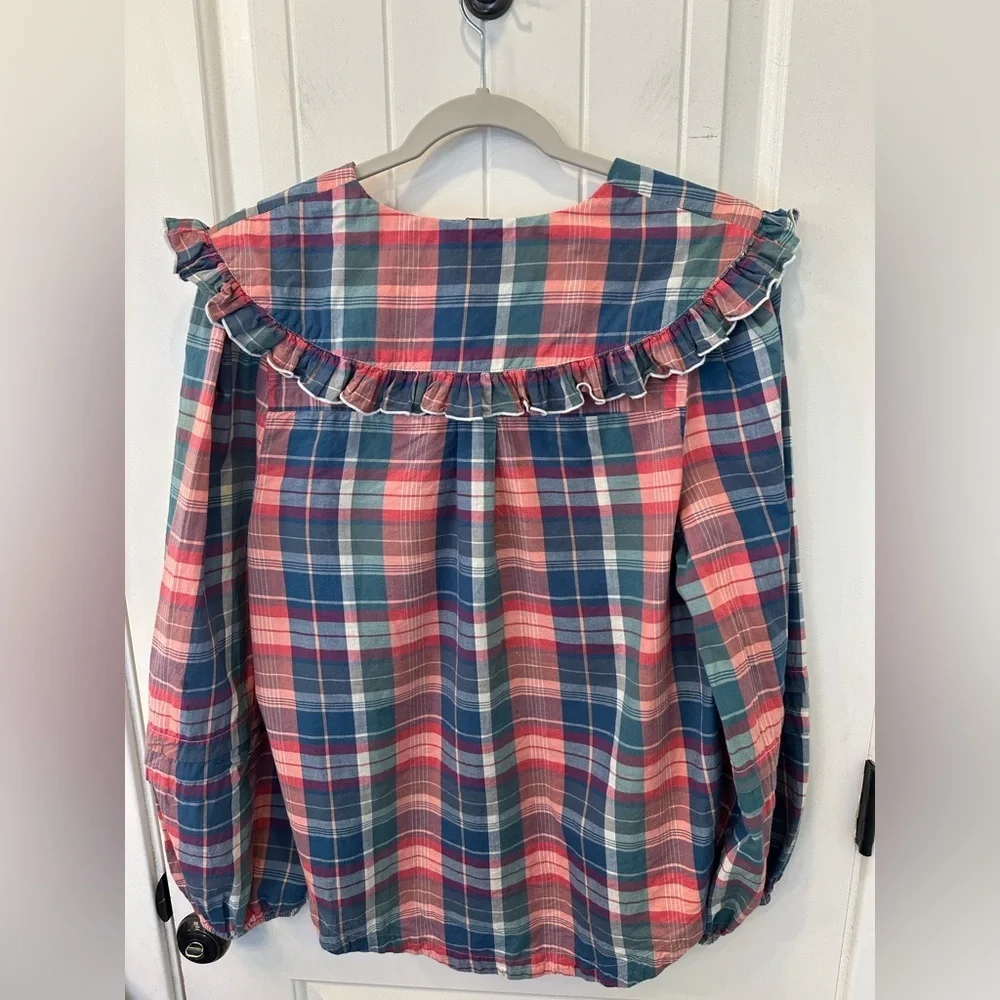 Free People Molly Ruffle Plaid Top Shirt Blouse Size Large EUC